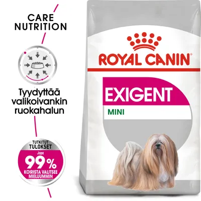 Royal Canin EXIGENT MINI -koiranruokapakkaus, tekstit: 'Tyydyttää valikoivankin ruokahalun', 'Tutkitut tulokset: jopa 99 % koirista valitsee mieluummin'.