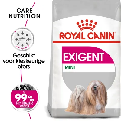 Royal Canin Exigent Mini hondenvoer, tekst: Care Nutrition, Geschikt voor kieskeurige eters, Bewezen resultaten tot 99% geeft hieraan de voorkeur. Afbeelding van kleine hond op verpakking.