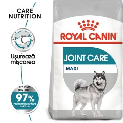 Pachet Royal Canin Joint Care Maxi, text vizibil: Ușurează mișcarea, Rezultate dovedite 97% proprietari satisfăcuți după 28 zile, imagine câine, Care Nutrition.