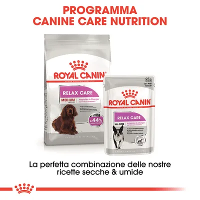Royal Canin Relax Care Medium crocchette e Relax Care All Sizes umido per cani. Testo: Programma Canine Care Nutrition, la perfetta combinazione delle nostre ricette secche & umide.
