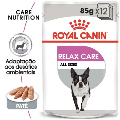 Royal Canin Relax Care All Sizes, 85 g x12, patê. Adaptação aos desafios ambientais. Care Nutrition. Imagem de cão na embalagem.