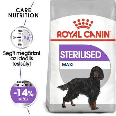 Royal Canin STERILISED MAXI kutyatáp csomag, szöveg: Segít megőrizni az ideális testsúlyt, bizonyított eredmények -14% kalória, Care Nutrition