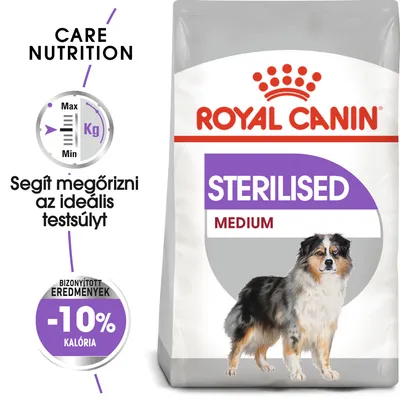 Royal Canin Sterilised Medium kutyatáp csomagolás, szöveg: Segít megőrizni az ideális testsúlyt, bizonyított eredmények -10% kalória, Care Nutrition.