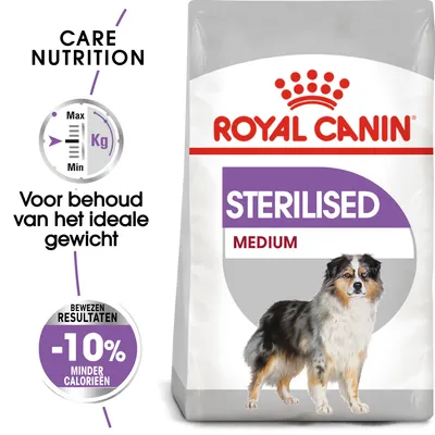 Royal Canin Sterilised Medium hondenvoer, tekst: voor behoud van het ideale gewicht, bewezen resultaten -10% minder calorieën, afbeelding middelgrote hond. Royal Canin Sterilised Medium hondenvoer, tekst: voor behoud van het ideale gewicht, bewezen resultaten -10% minder calorieën, afbeelding middelgrote hond.