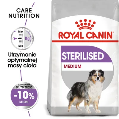 Opakowanie Royal Canin Sterilised Medium, widoczny pies średniej wielkości. Tekst: Utrzymanie optymalnej masy ciała, udowodniona skuteczność -10% kalorii.