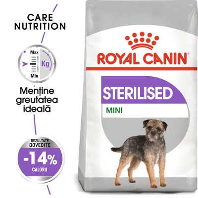 Pachet Royal Canin Sterilised Mini cu imagine câine, text: Menține greutatea ideală, rezultate dovedite -14% calorii, STERILISED MINI, CARE NUTRITION.