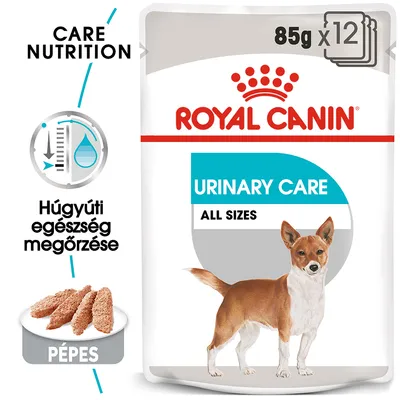 ROYAL CANIN URINARY CARE ALL SIZES, 85 g x12, pépes kutyaeledel. Húgyúti egészség megőrzése felirat és kis méretű barna-fehér kutya képe a csomagoláson.