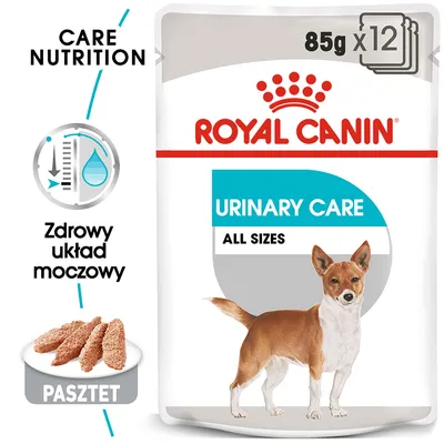 Royal Canin Urinary Care All Sizes, 85 g x12. Pasztet dla psa. Widoczne hasła: Care Nutrition, Zdrowy układ moczowy.