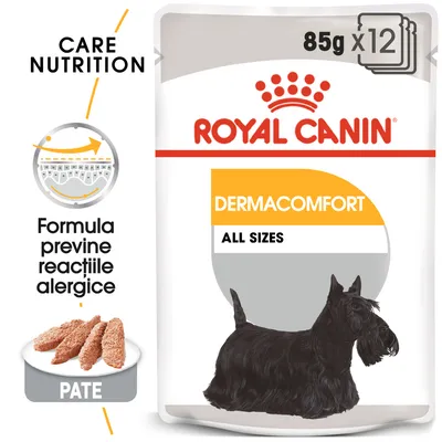 ROYAL CANIN DERMACOMFORT ALL SIZES, 85g x12. Pate pentru câini. Formula previne reacțiile alergice. Care Nutrition.