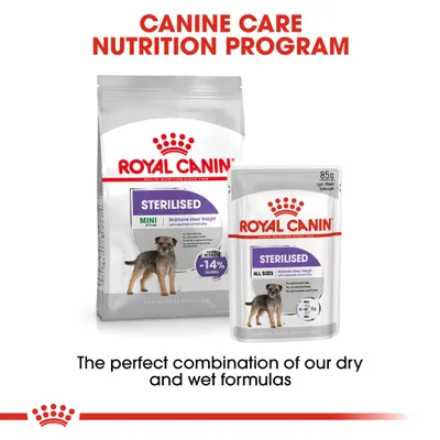 Sterilised dry and wet food formulas shown with text: Canine Care Nutrition Program. Maintains ideal weight, -14% calories. The perfect combination of our dry and wet formulas.