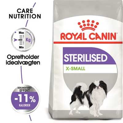 ROYAL CANIN STERILISED X-SMALL hundefoder, tekst: Opretholder idealvægten, dokumenteret effekt -11 % kalorier, billede af lille sort-hvid hund på posen. ROYAL CANIN STERILISED X-SMALL hundefoder, tekst: Opretholder idealvægten, dokumenteret effekt -11 % kalorier, billede af lille sort-hvid hund på posen.