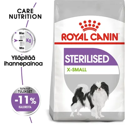 Royal Canin STERILISED X-SMALL koiranruoka, teksti: Ylläpitää ihannepainoa, tutkitut tulokset -11 % kaloreita, Care Nutrition. Pussissa pieni mustavalkoinen koira.