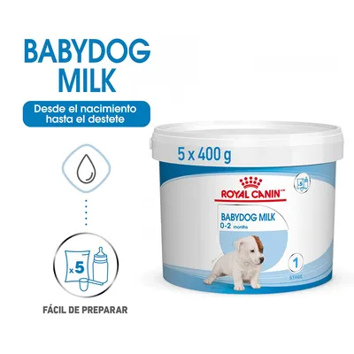 Royal Canin Babydog Milk 0-2 months, pack de 5 x 400 g. Desde el nacimiento hasta el destete. Fácil de preparar. Imagen de cachorro en el envase.