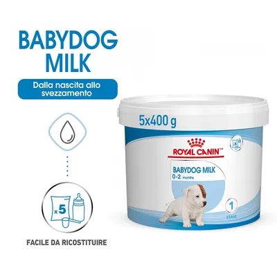 Royal Canin Babydog Milk 0–2 months, confezione 5x400 g. Testi visibili: 'Dalla nascita allo svezzamento', 'Facile da ricostituire', immagine cucciolo e biberon x5. Royal Canin Babydog Milk 0–2 months, confezione 5x400 g. Testi visibili: 'Dalla nascita allo svezzamento', 'Facile da ricostituire', immagine cucciolo e biberon x5.