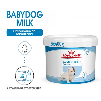 Royal Canin Babydog Milk 0–2 months, opakowanie 5×400 g, od narodzin do odsadzenia, łatwe do przygotowania, ilustracja butelki i miarki x5