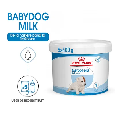 Royal Canin Babydog Milk 0–2 months, 5x400 g. De la naștere până la înțărcare. Ușor de reconstituit. Imagine cu cățel pe ambalaj.