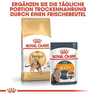 Royal Canin Bengal Adult Trockenfutter und Intense Beauty Frischebeutel. Ergänzen Sie die tägliche Portion Trockenfutter durch einen Frischebeutel.