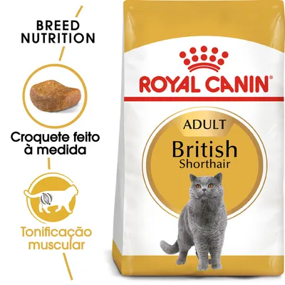 Royal Canin Adult British Shorthair, croquete feito à medida, tonificação muscular. Embalagem de ração para gatos com imagem de um gato cinzento e texto em português.
