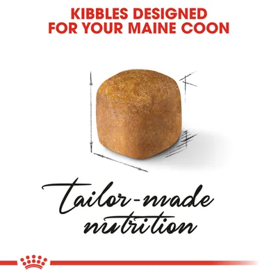 Text: KIBBLES DESIGNED FOR YOUR MAINE COON, tailor-made nutrition. Bild på ett foderkroket med ritade måttlinjer runt.