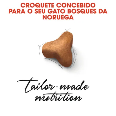 Croquete concebido para o seu gato Bosques da Noruega. Texto em inglês: tailor-made nutrition.