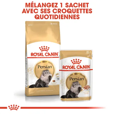 Mélangez 1 sachet avec ses croquettes quotidiennes. Paquet et sachet Royal Canin Adult Persian pour chat, 85 g visible sur le sachet.