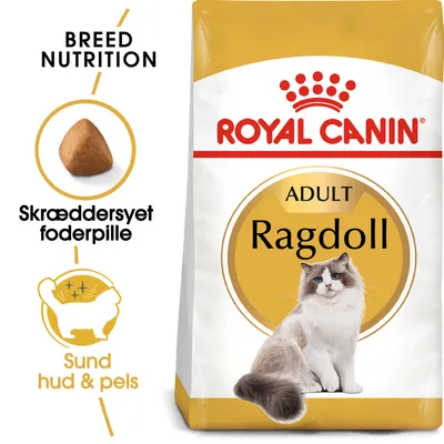 Royal Canin Adult Ragdoll kattefoderpose med billede af Ragdoll kat, tekst: Skræddersyet foderpille, Sund hud & pels, Breed Nutrition. Foderpille og grafisk kat vises.