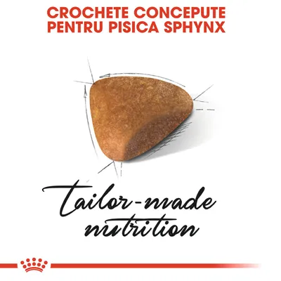 CROCHETE CONCEPTE PENTRU PISICA SPHYNX, imagine cu o croșetă și textul în engleză: tailor-made nutrition.