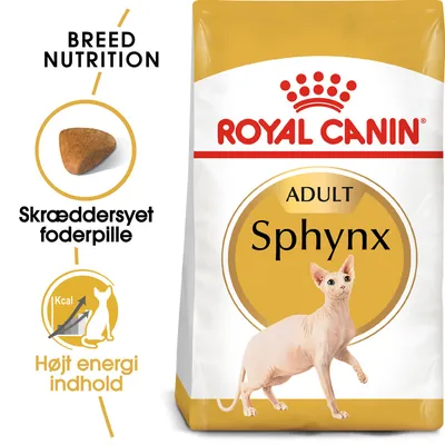 Royal Canin Adult Sphynx kattefoder, tekst: Breed Nutrition, Skræddersyet foderpille, Højt energiindhold, billede af foderpille og Sphynx kat