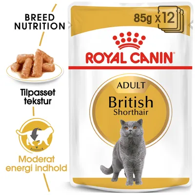 Royal Canin Adult British Shorthair 85 g x12. Breed Nutrition. Tilpasset tekstur. Moderat energi indhold. Billede af grå kat og foderstykker.