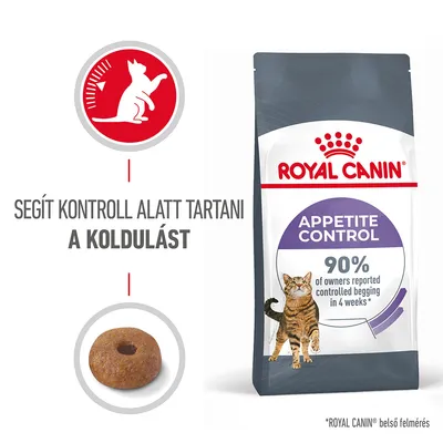 ROYAL CANIN Appetite Control macskaeledel csomag, felirat: Segít kontroll alatt tartani a koldulást. 90% of owners reported controlled begging in 4 weeks. Egy táp szem is látható.