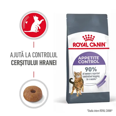 Pachet Royal Canin Appetite Control pentru pisici, text vizibil: „Ajută la controlul cerșitului hranei”, „90% of owners reported controlled begging in 4 weeks*”.
