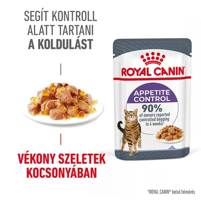Royal Canin Appetite Control macskaeledel, vékony szeletek kocsonyában. Segít kontroll alatt tartani a koldulást. 90% tulajdonos szerint javulás 4 hét alatt. Angol szöveg is látható.