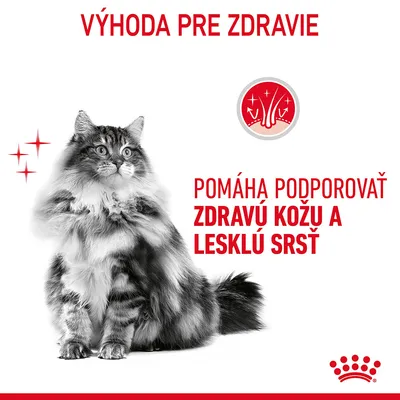 Výhoda pre zdravie. Pomáha podporovať zdravú kožu a lesklú srsť. Obrázok dlhosrstej mačky, červené logo Royal Canin.