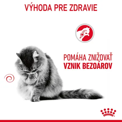 Výhoda pre zdravie. Pomáha znižovať vznik bezoárov. Obrázok mačky a logo s profilom mačky.