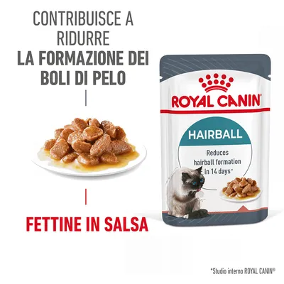 Royal Canin Hairball, bustina con scritta 'contribuisce a ridurre la formazione dei boli di pelo', fettine in salsa su piatto, gatto e testo 'fettine in salsa'.