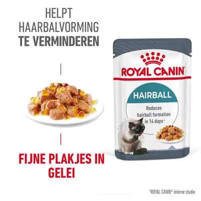 Royal Canin Hairball kattenvoer, helpt haarbalvorming te verminderen, fijne plakjes in gelei. Verpakking en portie op bord zichtbaar. Tekst: 'Helpt haarbalvorming te verminderen'.