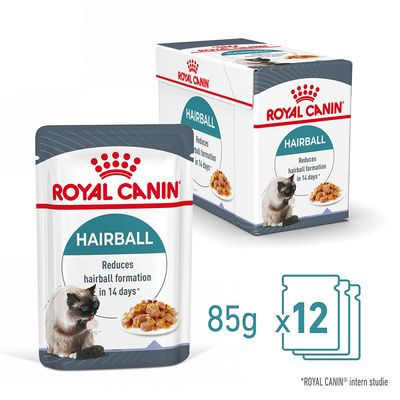 ROYAL CANIN HAIRBALL, 12 portionspåsar à 85 g. Text: Reduces hairball formation in 14 days*. Bild på katt och våtfoder. *ROYAL CANIN intern studie.
