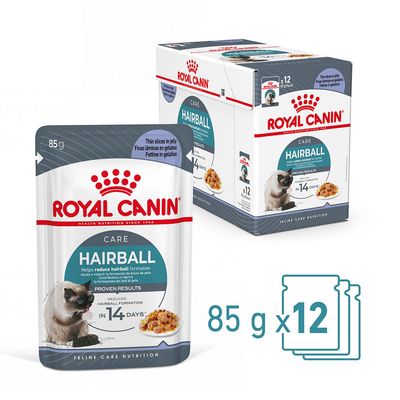 Pack of 12 pouches, each 85g, labelled as hairball care with proven results to reduce hairball formation in 14 days. Thin slices in jelly.