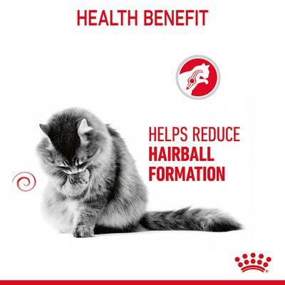 Tekst w języku angielskim: Health Benefit, Helps reduce hairball formation. Obraz kota oraz logo z sylwetką kota i czerwonym symbolem.