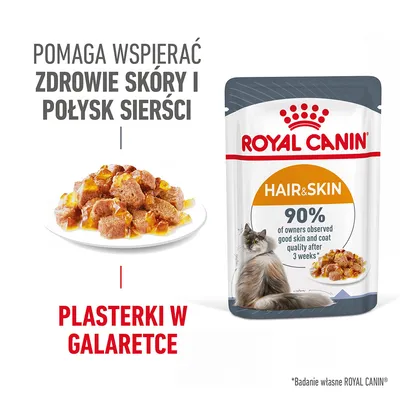 ROYAL CANIN Hair & Skin, plasterki w galaretce. Pomaga wspierać zdrowie skóry i połysk sierści. 90% właścicieli zauważyło poprawę po 3 tygodniach. Opakowanie i miska z karmą.