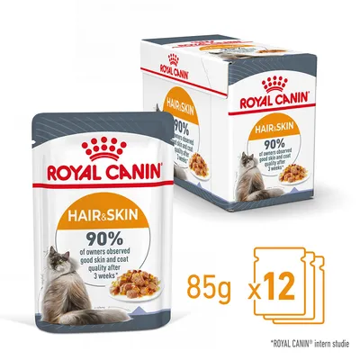 ROYAL CANIN Hair & Skin våtfoder för katt, 12 x 85 g. Text: 90 % of owners observed good skin and coat quality after 3 weeks*. Bild på katt och foderbitar. *ROYAL CANIN intern studie.