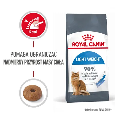 ROYAL CANIN LIGHT WEIGHT, pomaga ograniczać nadmierny przyrost masy ciała, 90% of cats achieved healthier weight in 8 weeks, ilustracja granulki i kota. *Badanie własne ROYAL CANIN