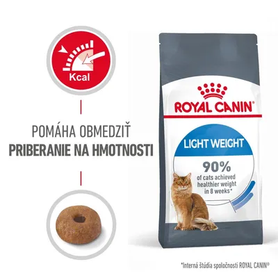 Balenie Royal Canin Light Weight s textom: Pomáha obmedziť priberanie na hmotnosti, 90 % of cats achieved healthier weight in 8 weeks, obrázok granuly a mačky.