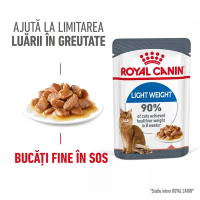 Plic Royal Canin Light Weight pentru pisici, bucăți fine în sos. Text: Ajută la limitarea luării în greutate. 90% of cats achieved healthier weight in 8 weeks. Bucăți fine în sos.