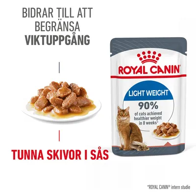 Royal Canin Light Weight våtfoder för katt, tunna skivor i sås. Text: Bidrar till att begränsa viktuppgång. 90% of cats achieved healthier weight in 8 weeks. Bild på foder och katt.