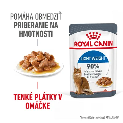 ROYAL CANIN Light Weight, tenké plátky v omáčke pre mačky. Pomáha obmedziť priberanie na hmotnosti. 90 % mačiek dosiahlo zdravšiu váhu za 8 týždňov. Text v angličtine.