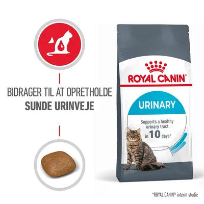 ROYAL CANIN URINARY kattefoder. Tekst: Bidrager til at opretholde sunde urinveje. Supports a healthy urinary tract in 10 days*. Billede af foderpille og kat.