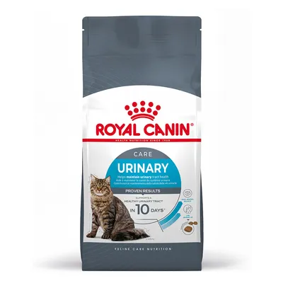 Royal Canin Urinary Care para gatos. Texto visible: Helps maintain urinary tract health, proven results, supports a healthy urinary tract in 10 days. Imagen de un gato en el envase. Royal Canin Urinary Care para gatos. Texto visible: Helps maintain urinary tract health, proven results, supports a healthy urinary tract in 10 days. Imagen de un gato en el envase.