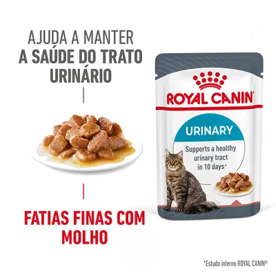 ROYAL CANIN URINARY, fatias finas com molho. Ajuda a manter a saúde do trato urinário. Embalagem visível com gato e prato de comida húmida.