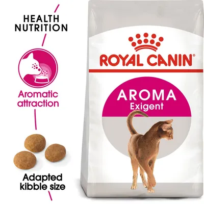 ROYAL CANIN AROMA Exigent cat food pack, text: Health Nutrition, Aromatic attraction, Adapted kibble size, image of brown cat and three round kibbles visible. ROYAL CANIN AROMA Exigent cat food pack, text: Health Nutrition, Aromatic attraction, Adapted kibble size, image of brown cat and three round kibbles visible.